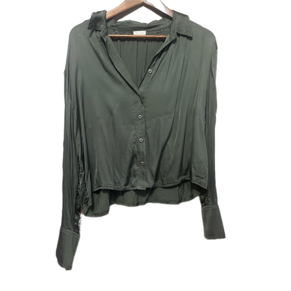 Pilcro Button Down Blouse Women L Olive Green Excellent High Low Viscose Top